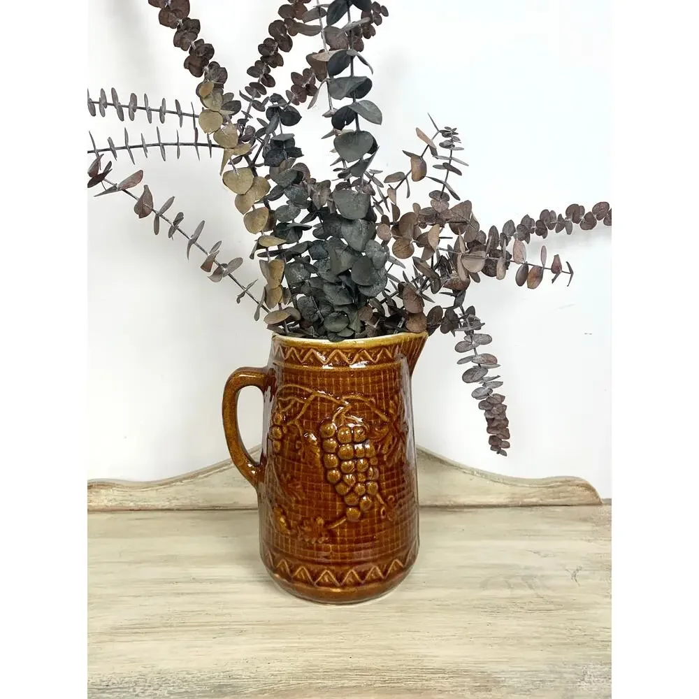 Antique North Star Stoneware Pitcher Brown Glaze Jug Vase Rustic Cottagecore